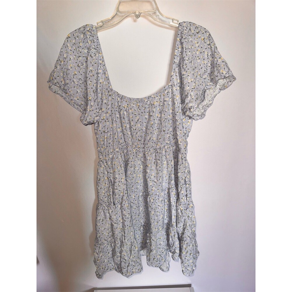 Fashion Nova Mini Dress Womens M Light Blue Floral Puff Sleeve Square
